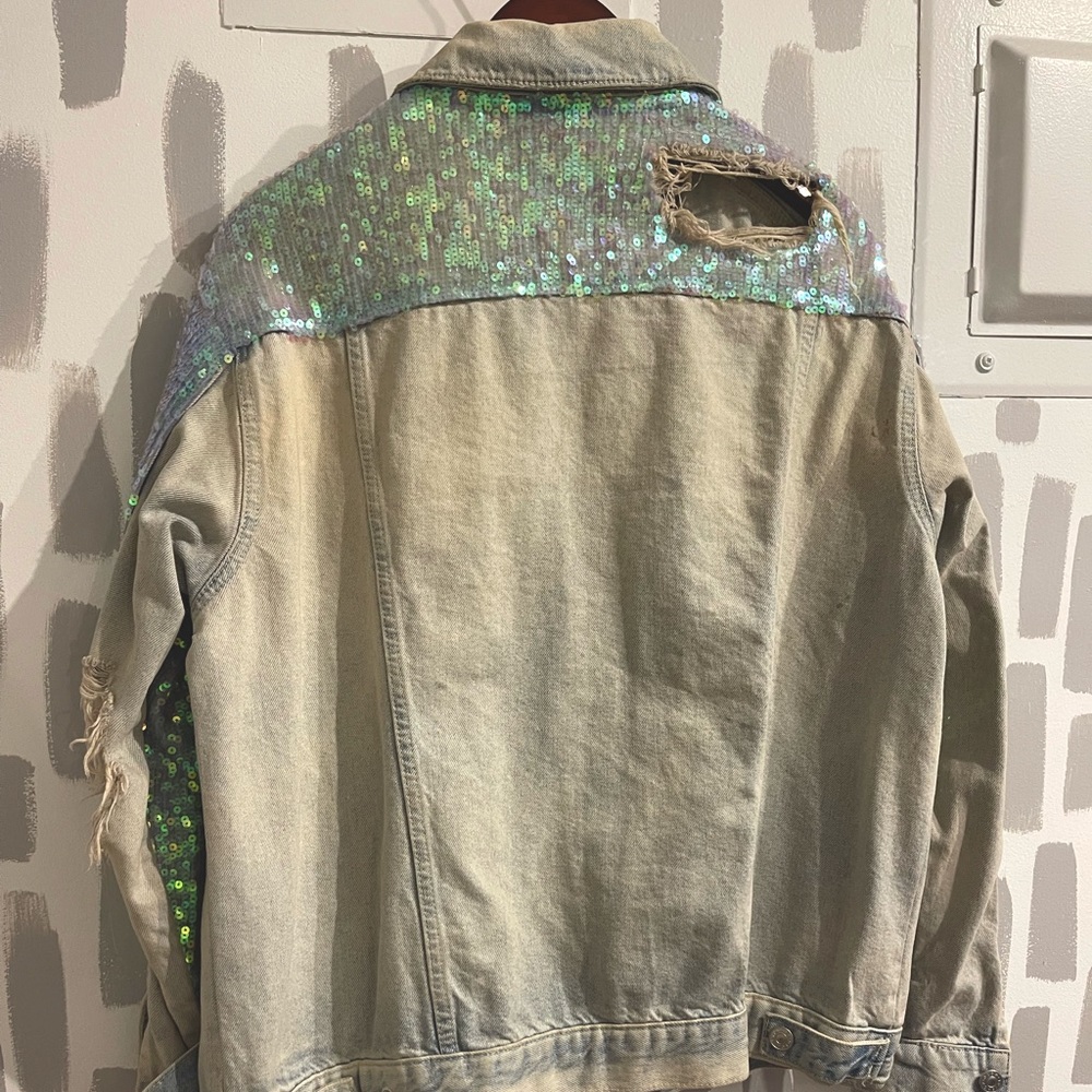 TopShop sequin covered distressed jean jacket